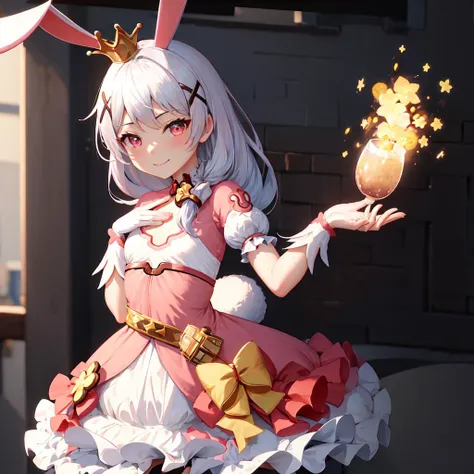 (masterpiece:1.2), (best quality:1.3), absurdres, magical_teriri, 1girl, flat_chest, standing, smile, hair_ornament, rabbit_ears, pink_dress, white_gloves, magical_girl, <lora:magical_teriri_v4-000025:1>