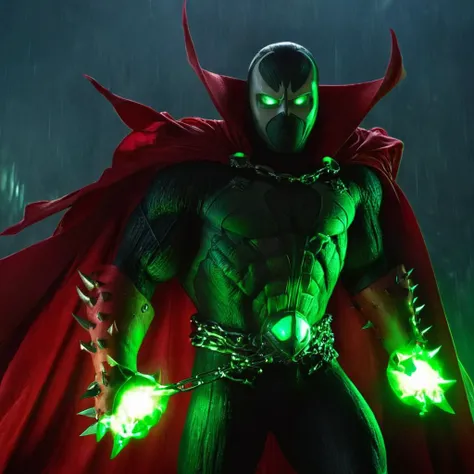 cinematic film still of <lora:Spawn v2:1>
living symbiotic costume, red cape, mask, green eyes, glowing eyes, creature, Spawn a man with a red cape and a chain,solo,1boy,weapon,male focus,cape,mask,muscular,chain,claws,spikes,superhero, shallow depth of field, vignette, highly detailed, high budget, bokeh, cinemascope, moody, epic, gorgeous, film grain, grainy