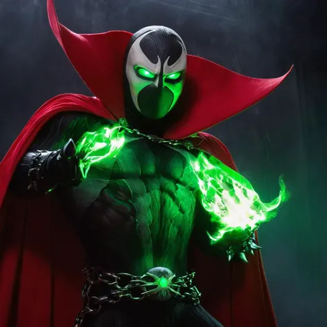 cinematic film still of  <lora:Spawn v2:1>
living symbiotic costume, red cape, mask, green eyes, glowing eyes, creature, Spawn a man with a red cape and a chain,solo,1boy,weapon,male focus,cape,mask,muscular,chain,claws,spikes,superhero, shallow depth of field, vignette, highly detailed, high budget, bokeh, cinemascope, moody, epic, gorgeous, film grain, grainy