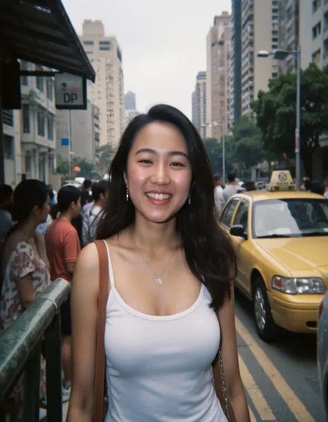 <lora:disposableCamera_v10:1> STL , 90s Hong Kong,  Asian women wearing white tank top, waiting a bus stop, busy hong kong street with high rises, taxis, crowds.   <lora:Phlux:0.3>