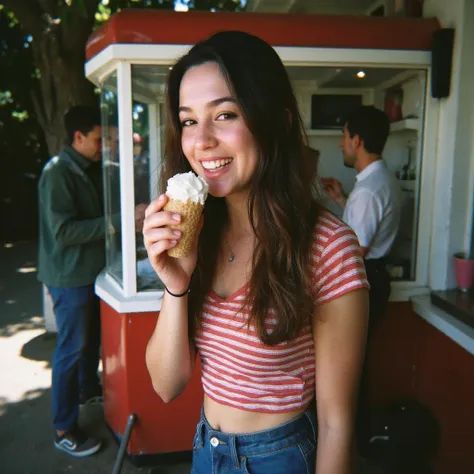 <lora:disposableCamera_v10:1> STL
A young russian women in her 20s, eating ice cream, by a soviet ice cream stand, summer vibes, tree, wearing jeans and stripped red and white tshirt, brown long hair, smiling, looking at camera