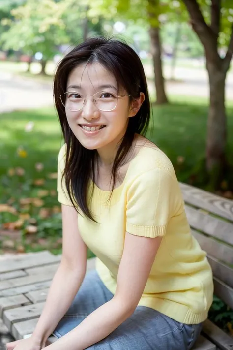 "A young woman with long black hair, smiling at the camera while sitting on a bench in a park, sunlight shining on her face, background with leaves and a soft bokeh effect, bright and happy atmosphere, high quality and realistic, no noise.
Camera angle: slightly elevated, looking down at the woman.
Woman's pose: sitting on a bench, facing the camera, legs crossed, hands in her lap.
Woman's expression: smiling naturally, with her eyes looking directly at the camera.
Background: a park with trees and leaves, with a soft bokeh effect."
beautiful white teeth
<lora:shihoMegaSelect5R:1> shiho, "Teacher in semi-casual attire with glasses and a book."