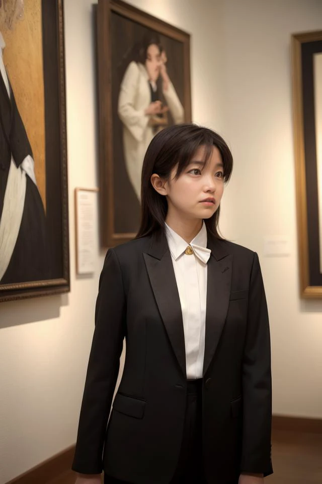 (<lora:shihoActual01R:0.8> shiho)
Sophisticated Tuxedo: "A sophisticated tuxedo with a sleek, tailored fit"
"Capture a woman's awe and inspiration as she admires a painting in an art gallery. Let the intricate details of the artwork and the woman's thoughtful expression create a sense of wonder and appreciation. Her elegant dress and sophisticated surroundings add to the cultured and refined atmosphere."