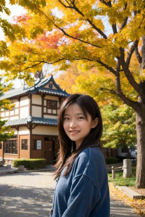 <lora:shihoActual01R:0.6> shiho,
portrait of a woman,
smile, "The Great Wall during autumn, with surrounding trees showcasing vibrant fall colors.", "A quaint town square with a historic clock tower."