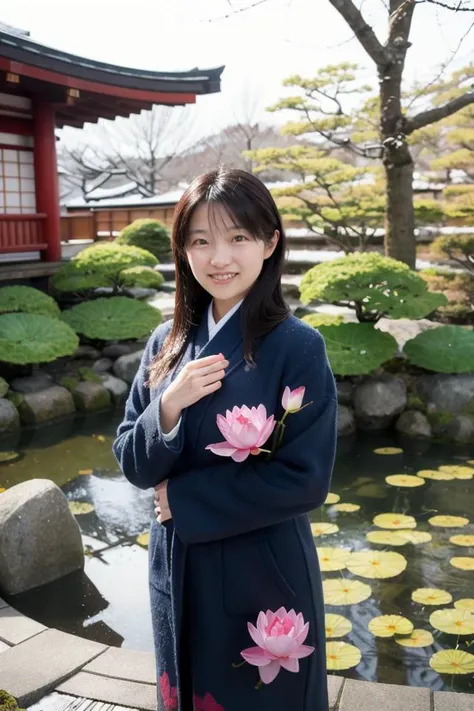 <lora:shihoActual01R:0.6> shiho,
portrait of a woman,
smile, "The snow-covered Kenroku-en garden in Kanazawa, one of Japan's Three Great Gardens.", "The tranquil beauty of a lotus pond awakening in spring."