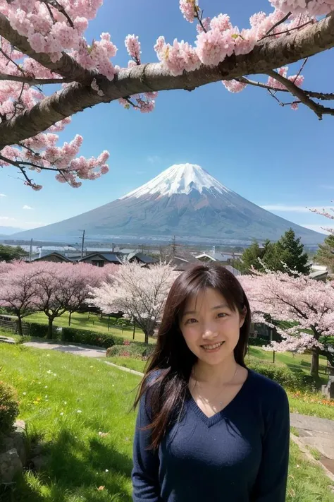 <lora:shihoActual01R:0.6> shiho,
portrait of a woman,
smile, "A breathtaking view of Mt. Fuji with cherry blossoms in the foreground and a clear blue sky.", "Wildflowers blooming beside a winding spring trail."