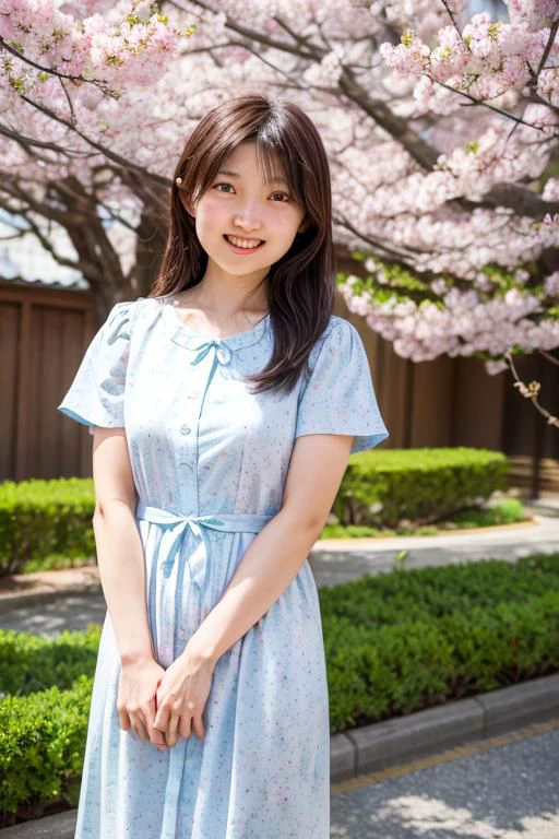 portrait, 1girl, solo, shiho, standing,, open mouth, "Japanese ager in a spring dress with cherry blossom patterns."