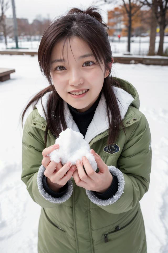 (<lora:shihoActual01R:0.8> shiho)
"Depict a woman making a snow angel in a park covered in a blanket of fresh snow. Let the crisp air and falling snowflakes create a sense of joy and excitement. Her playful expression and winter gear add to the dynamic and carefree feel of the image."
 <lora:AdvancedEnhancer:1>, [:ultra detailed eyes:0.2]
