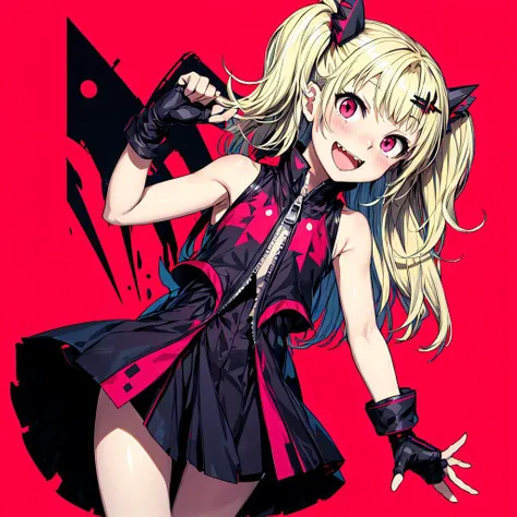 akatuki yuni,solo,1girl,<lyco:akatuki yuni:0.7>,1girl, solo, blonde hair, long hair, gloves, two side up, hair ornament, , partially fingerless gloves, blush, sleeveless, red eyes, bare shoulders, zipper pull tab, fang, dress, fangs, black dress, :d, bangs, head tilt, pink eyes,<lora:flat2:-1>,<lora:boldline:-0.5>,(hands up,fist)