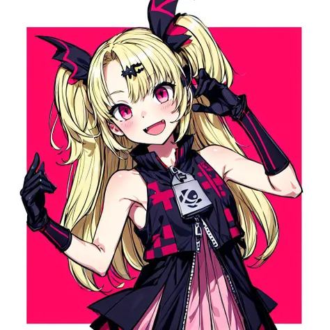 akatuki yuni,solo,1girl,<lyco:akatuki yuni:0.8>,1girl, solo, blonde hair, long hair, gloves,  two side up, hair ornament,  , partially fingerless gloves, blush, sleeveless, red eyes, bare shoulders, zipper pull tab, fang, dress, fangs, black dress, :d, bangs, head tilt, pink eyes,<lora:flat2:-1>,<lora:boldline:-0.5>