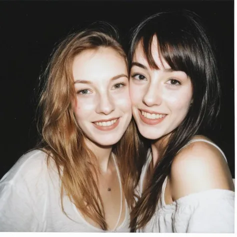 2girls, cute friends ([happy | laughing]:0.3), (strawberry blonde, ginger, slim face, (freckles:0.7)) (hugging:0.6) (black-haired, [short hair|long hair|braided hair], pale, slim face), nose, at a work party, film grain, flash, instant photo, instax, realistic faces, (winged eyeliner:0.4), <lora:InsPX2:0.3>, (breasts:0.8), <lora:FilmVelvia3:0.5>,  <lora:scene:0.2>