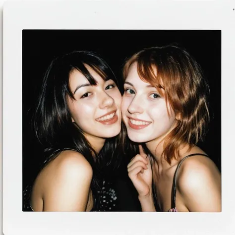 2girls, cute friends ([happy | laughing]:0.3), (strawberry blonde, ginger, slim face, (freckles:0.7)) (hugging:0.6) (black-haired, [short hair|long hair], pale, slim face), nose, at a house party, film grain, flash, dark background, instant photo, instax, realistic faces, (winged eyeliner:0.4), <lora:InsPX2:0.3>, (breasts:0.8), (emo choker:0.3), <lora:FilmVelvia3:0.5>,  <lora:scene:0.2>,  (nude:0.2)