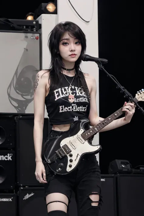 <lora:mys3lf_EasyLORA:0.4>, 1girl, (ulzzang-6500:0.3), (pureerosface_v1:0.4), <lora:scene:0.6> eyeliner, emo, emo makeup, toned midriff, ((tattoos)) on arm, ripped jeans, on stage with rock band, ((electric guitar)), (bokeh)