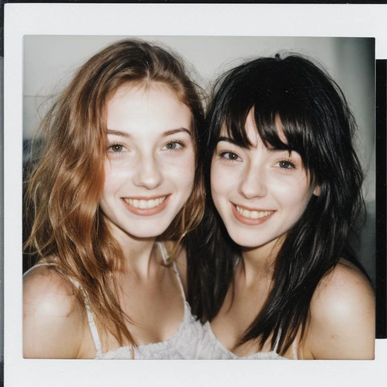 2girls, cute friends ([happy | laughing]:0.3), (strawberry blonde, ginger, slim face, (freckles:0.7)) (hugging:0.6) (black-haired, [short hair|long hair|braided hair], pale, slim face), nose, at a beach party, film grain, flash, instant photo, instax, realistic faces, (winged eyeliner:0.4), <lora:InsPX2:0.3>, (breasts:0.8), <lora:FilmVelvia3:0.5>,  <lora:scene:0.2>