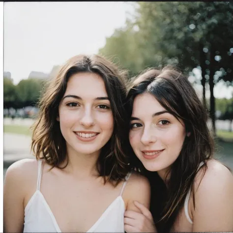 2girls, cute friends ([happy | laughing]:0.3), (strawberry blonde, ginger, slim face, (freckles:0.7)) (hugging:0.6) (black-haired, [short hair|long hair|braided hair], pale, slim face), nose, on the champ de mars in Paris, film grain, flash, instant photo, instax, realistic faces, (winged eyeliner:0.4), <lora:InsPX2:0.3>, (breasts:0.8), <lora:FilmVelvia3:0.5>,  <lora:scene:0.2>