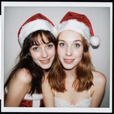 2girls, cute friends ([happy | laughing]:0.3), (strawberry blonde, ginger, slim face, (freckles:0.7)) (hugging:0.6) (black-haired, [short hair|long hair|braided hair], pale, slim face), nose, at the office christmas party, film grain, flash, instant photo, instax, realistic faces, (winged eyeliner:0.4), <lora:InsPX2:0.3>, (breasts:0.8), <lora:FilmVelvia3:0.5>,  <lora:scene:0.2>, formalwear, santa hats