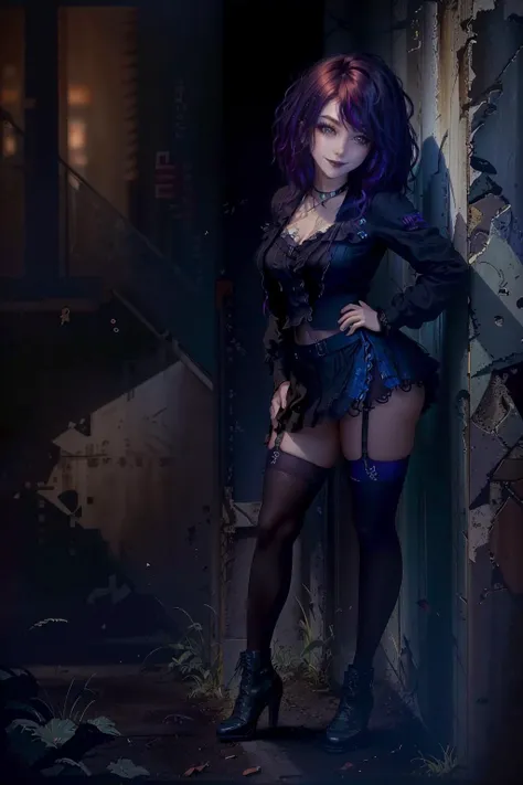RAW photo,to8contrast style,(full body:1.5), a photo of a 25y.o. woman, emo, goth, eyeliner, dim lit, (dark background:1.4), epic realistic, hdr, intricate details, hyperdetailed, cinematic, rim light,(standing in a dark alley against a wall:1.1), (medium breasts:1.3), (smiling, smile, happy:1.1), (high detailed skin:1.0), detailed eyes, 8k uhd, dslr, soft lighting, best quality, film grain, Fujifilm XT3, (wearing a lace top and pleated miniskirt. black thigh highs), (thick thighs, wide hips), (Grunge style:1.1), medium hair, Bob cut hair, (wavy hair:1.1), (red hair:1.1), (oily hair:0.8), (lipstick on lips:1.1), freckles, <lora:sceneEmoAesthetic2010_scenev10:0.75>, <lora:to8contrast-1-5:1.3>