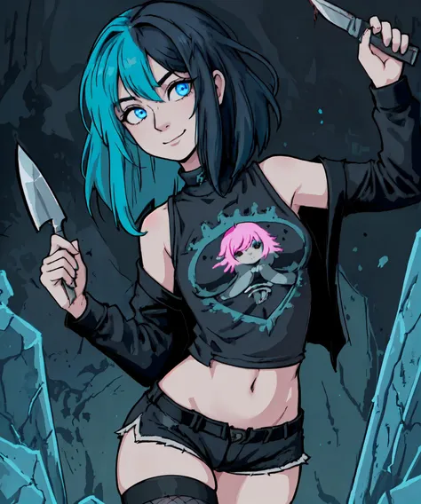 masterpiece, solo, 1girl, turquoise hair, fluffy hair, medium hair, emo hair, split dyed hair, black hair, bright blue eyes, emo, scene, small breasts, flat chest, wide hips, short girl, black shirt, print shirt, tank top, black pants, short shorts, thighhighs, fishnet pantyhose, standing, holding knife, looking at viewer, cold expression, murderous, evil smile, inside, torture chamber, dark stone, dark theme, dim light, bloody stained, sharp, strong outlines, cell shading <lora:Addams:0.4> <lora:Offset_Noise_Lora:0.4>