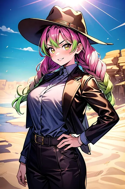 (masterpiece, best quality, detailed), 1girl, solo, looking at viewer, MitsuriKanroji_NDV, multicolored hair, pink-green hair, large breasts, twin braids, red eyes,
fedora, brown headwear, brown pants, black belt, cowboy hat, brown jacket, leather jacket, indiana jones, white shirt, satchel, desert, sand, dust, sun, hands on hips, smug, smile, parted lips, smirk, v-shaped eyebrows