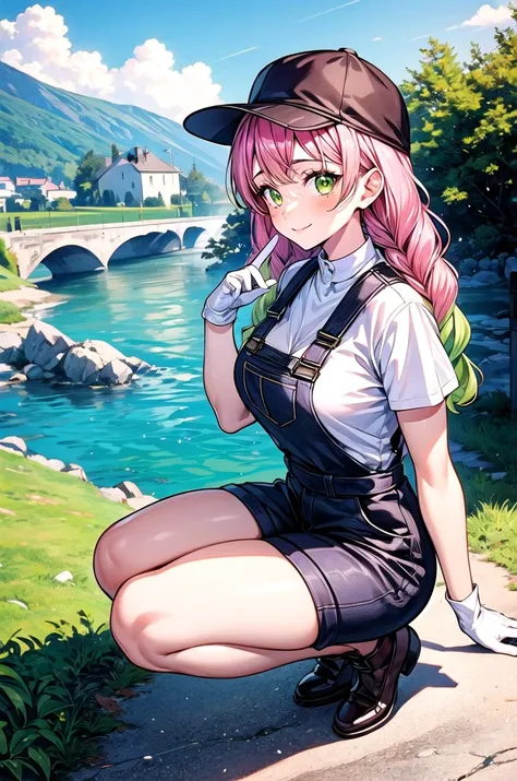 (masterpiece, best quality, detailed), 1girl, solo, looking at viewer, MitsuriKanroji_NDV, (multicolored hair, pink-green hair), large breasts, twin braids, red eyes, 
overalls, short sleeves, white gloves, cabbie hat, green shirt, outdoors, house, rural, village, scenery, path, river, bridge, squatting, from side, smile, closed mouth