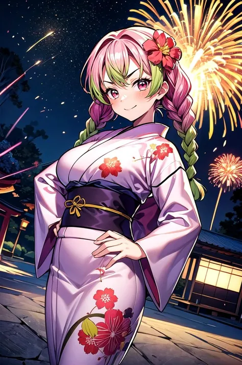 (masterpiece, best quality, detailed), 1girl, solo, looking at viewer, MitsuriKanroji_NDV, (multicolored hair, pink-green hair), large breasts, twin braids, red eyes, 
yukata, kimono, obi, print kimono, japanese clothes, short kimono, hair flower, fireworks, aerial fireworks, festival, night sky, hands on hips, v-shaped eyebrows, smile, closed mouth, smug