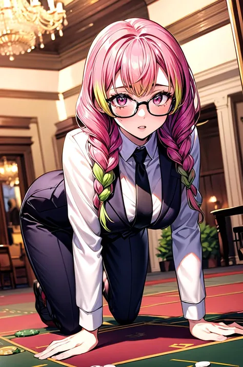 (masterpiece, best quality, detailed), 1girl, solo, looking at viewer, MitsuriKanroji_NDV, (multicolored hair, pink-green hair), large breasts, twin braids, red eyes,
pant suit, suit, formal, black suit, black pants, necktie, white shirt, sunglasses, indoors, casino, chandelier, roulette, pocker chip, all fours, parted lips