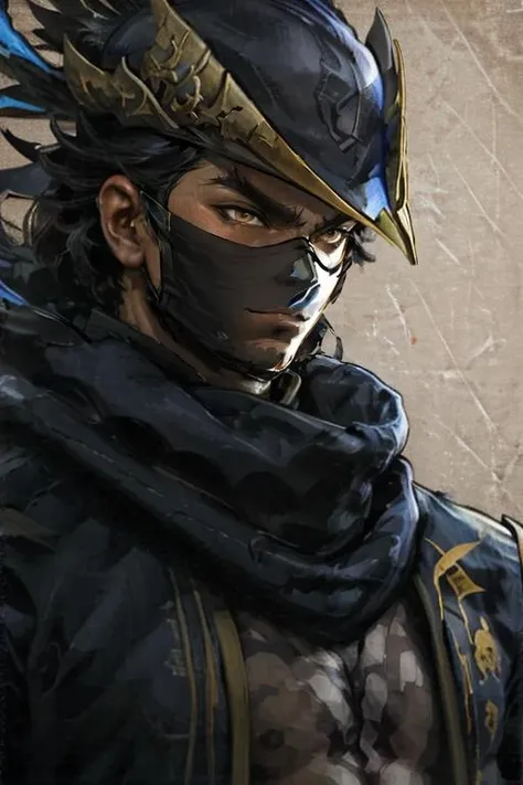 Hwang_Soul_Calibur, solo, looking at viewer, 1boy, hat, upper body, male focus, scarf, black headwear, (mask), covered mouth, hat feather <lora:Hwang_Soul_Calibur:0.8> detailed eyes, brown eyes, (ninja mask)