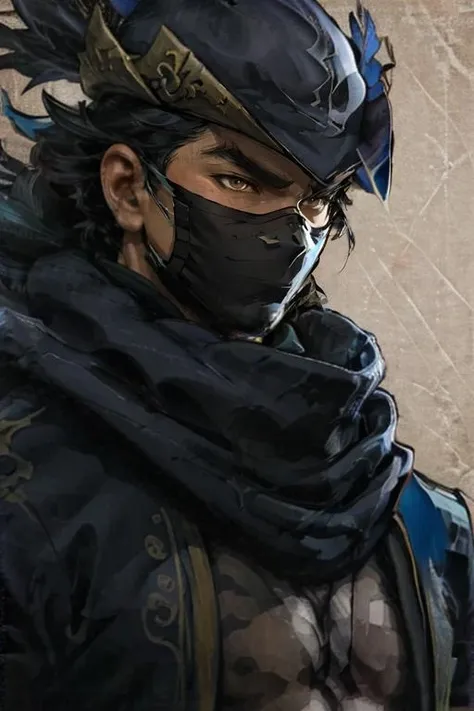 Hwang_Soul_Calibur, solo, looking at viewer, 1boy, hat, upper body, male focus, scarf, black headwear, (mask), covered mouth, hat feather <lora:Hwang_Soul_Calibur:0.8> detailed eyes, brown eyes, (ninja mask)