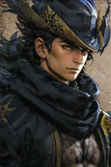 Hwang_Soul_Calibur, solo, looking at viewer, 1boy, hat, upper body, male focus, scarf, black headwear, mask, mouth mask, covered mouth, hat feather <lora:Hwang_Soul_Calibur:0.8> detailed eyes, brown eyes