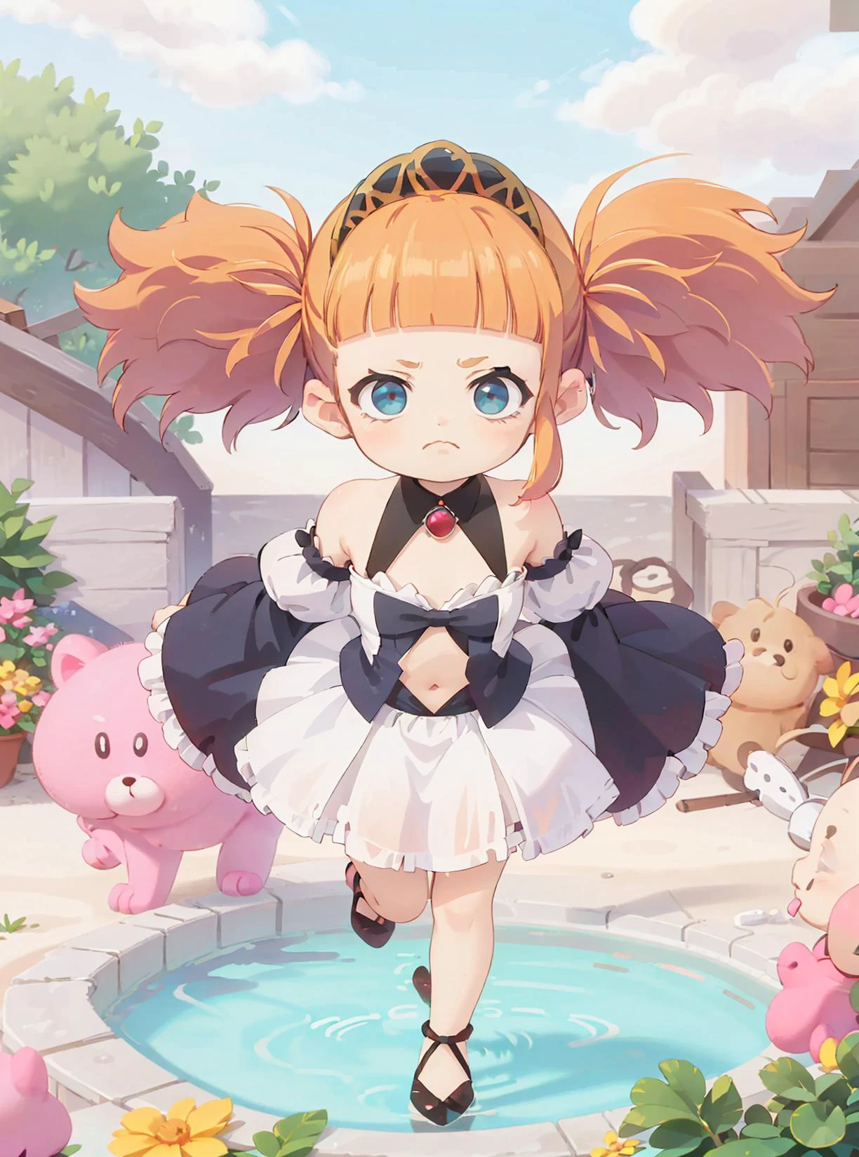 a woman in a garden,<lora:Hlokk:0.6> hlokk, dress, navel, bare shoulders, twintails,detached sleeves, puffy sleeves, blunt bangs, orange hair, high heels, clothing cutout, frown, floating hair, blue dress, (long frilled dress:1.1), detailed face, detailed eyes,wind, tiara,