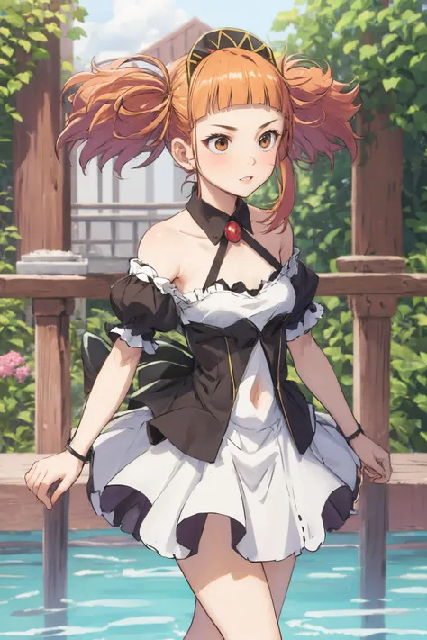 masterpiece, best quality, highres,
<lora:Hlokk:0.7>, hlokk, 1girl, solo,
hlokk, 1girl, solo, dress, navel, bare shoulders, twintails, closed mouth, standing, detached sleeves, puffy sleeves, blunt bangs, orange hair, high heels, clothing cutout, floating hair,
standing, , garden, outdoor, close portrait, upper body