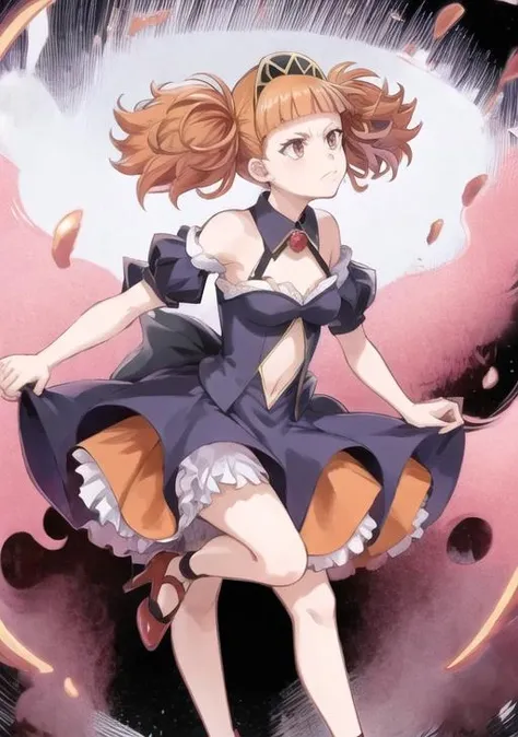 hlokk, 1girl, solo, dress, navel, bare shoulders, twintails, closed mouth, standing, full body,detached sleeves, puffy sleeves, blunt bangs, orange hair, high heels, clothing cutout, floating hair, blue dress, frown,