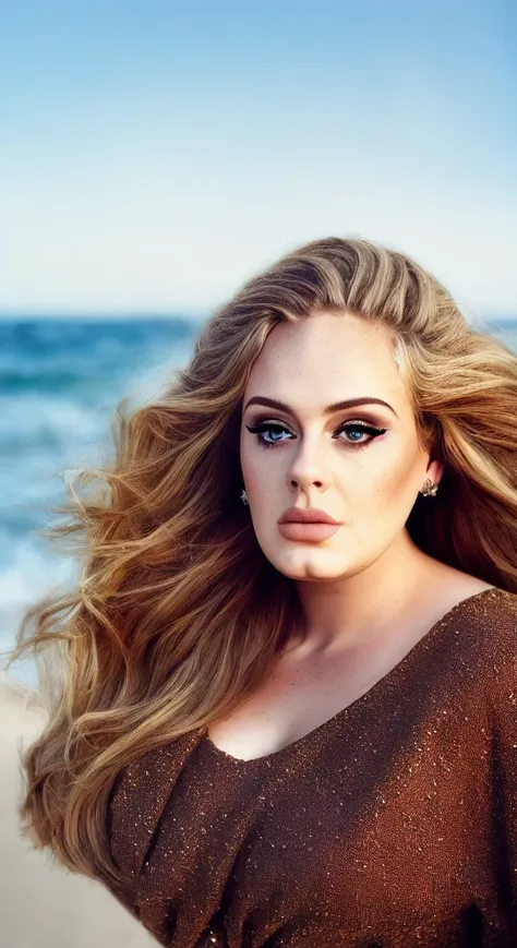 adele (sharp focus:1.2), portrait, attractive young woman, (beautiful face:1.1), detailed eyes, luscious lips, (eye makeup:1.2), body freckles, (large breasts:1.0), (tight body:1.2), (brown hair:1.2), wearing (jeans and t-shirt:1.2) at (the beach:1.2). (morning sun lighting:1.2), depth of field, bokeh, 4K, HDR. by (James C. Christensen:1.2|Jeremy Lipking:1.1).