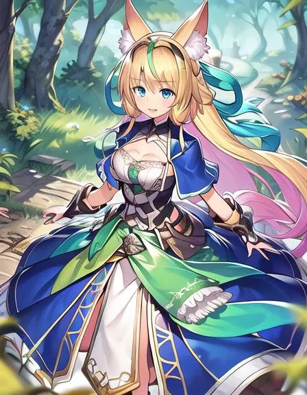 masterpiece,best quality,highres),<lyco:Mistolina:0.8>,1girl, blonde_hair, a little green hair,long_hair, animal_ears,blue eyes,solo, green forest,wood,depth of field