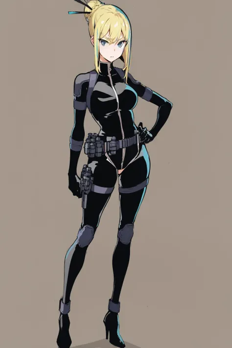masterpiece, best quality, 1girl, nancylee, blonde hair, hair bun, hair ornament, hair stick, single hair bun, blue eyes, bodysuit, full body, gloves, high heels, holster, solo, standing, contrapposto, simple background <lora:NancyLee:1>