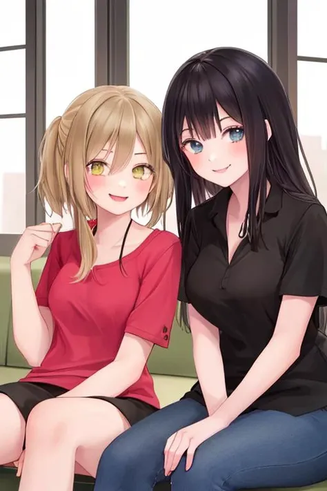 2girls smiling, sitting