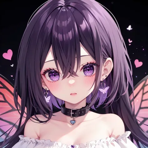 1girl, butterfly, bug, wings, solo, jewelry, looking at viewer, earrings, purple eyes, collar, bare shoulders, hair between eyes, bangs, upper body, collarbone, off shoulder, black hair, black background, buckle, medium hair, blush, purple hair, heart, dress, blurry, off-shoulder dress, off-shoulder shirt