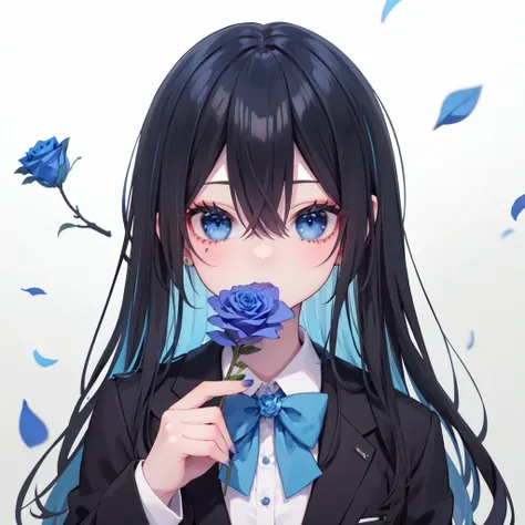 1girl, blue flower, blue rose, solo, flower, rose, blue eyes, holding, petals, shirt, long hair, looking at viewer, hair between eyes, bangs, collared shirt, black hair, blue hair, jacket, holding flower, white shirt, bow, multicolored hair, black jacket, black bow, nail polish, bowtie, blue nails, upper body, covered mouth, makeup, eyelashes, fingernails, black bowtie, hand up, two-tone hair