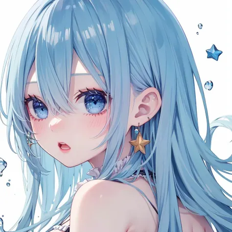 1girl,blue eyes,blue hair,solo,star (symbol),earrings,jewelry,water,white background,sideways,star earrings,bare shoulders,simple background,looking at viewer,from side,hair between eyes,bangs,parted lips,open mouth,virtual youtuber,frills,