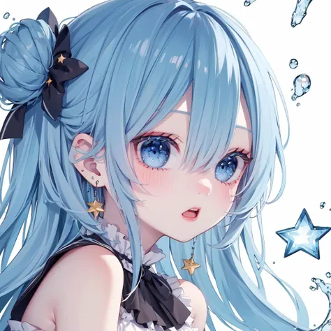 1girl,blue eyes,blue hair,solo,star (symbol),earrings,jewelry,water,white background,sideways,star earrings,bare shoulders,simple background,looking at viewer,from side,hair between eyes,bangs,parted lips,open mouth,virtual youtuber,frills,