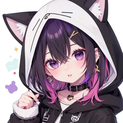 1girl, purple eyes, hood, hair ornament, purple hair, multicolored hair, bangs, black hair, hood up, looking at viewer, hairclip, solo, white background, jacket, hair between eyes, blush, collarbone, sleeves past wrists, hooded jacket, shirt, parted lips, upper body, two-tone hair, black jacket, jewelry, collar, simple background, long sleeves, head tilt, colored inner hair, animal, animal hood, virtual youtuber, black collar, open jacket, cat, earrings, open clothes, animal ears, holding,