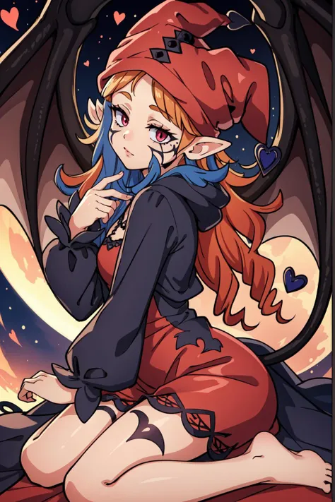 (masterpiece, best quality),  intricate details,
1girl, <lora:Ghostrick_Socuteboss:0.8> ghostrickscb, long sleeves, hat, dress, heart, wings, barefoot, bat wings, demon tail, facial tattoo, jester cap