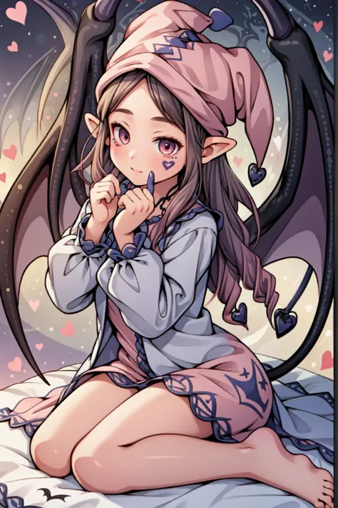 (masterpiece, best quality),  intricate details,
1girl, <lora:Ghostrick_Socuteboss:0.8> ghostrickscb, long sleeves, hat, dress, heart, wings, barefoot, bat wings, demon tail, facial tattoo, jester cap