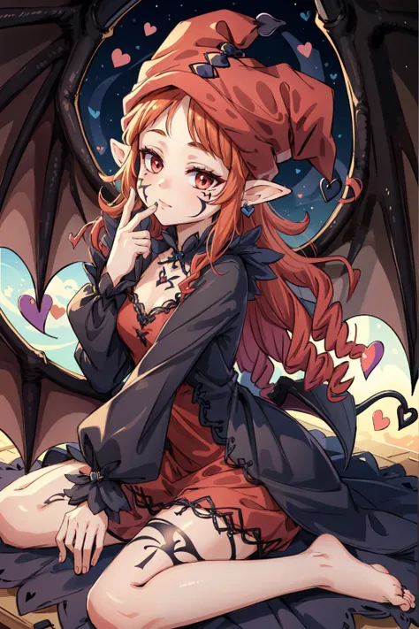 (masterpiece, best quality),  intricate details,
1girl, <lora:Ghostrick_Socuteboss:0.8> ghostrickscb, long sleeves, hat, dress, heart, wings, barefoot, bat wings, demon tail, facial tattoo, jester cap