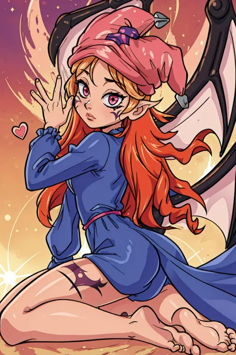 (masterpiece, best quality),  intricate details,
1girl, <lora:Ghostrick_Socuteboss:0.8> ghostrickscb, long sleeves, hat, dress, heart, wings, barefoot, bat wings, demon tail, facial tattoo, jester cap