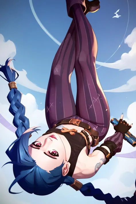 best_legs_up <lora:best_legs_up_pony:1>,best ass, best legs, breasts, <lora:ÐÐ¶Ð¸Ð½ÐºÑ Arcane(1girl,j1nx,blue hair,pale skin,chocker,purple eyes,long blue twin pigtails,tattoosmall breasts(crop top, sleeve,armbands,purple striped pants,gloves,gun,belt):0.7> 1girl,j1nx,blue hair,pale skin,chocker,purple eyes,long blue twin pigtails,tattoo,small breasts,crop top, sleeve,armbands,purple striped pants,gloves,gun,belt, Score_9, Score_8_up, Score_7_up, Score_6_up, Score_5_up, Score_4_up, BREAK,1girl in full growth, best quality, masterpiece, ultra-detailed, high quality,good quality,1 girl,(master piece,high resolution, ultra detailed,8K,16K),look at viewer