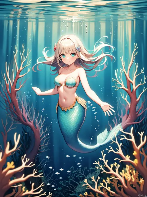1girl, mermaid, underwater, coral hair ornament,