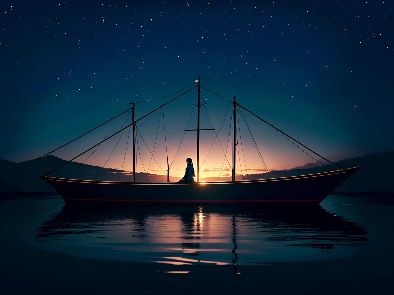1girl, long hair, black,water,night,light reflection \(water\), ship, sitting, on water,