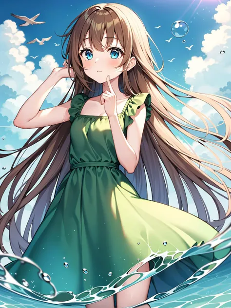 1girl, long hair, dress, very long hair, bird, solo, blue eyes, brown hair, looking up, sky, arm up, absurdly long hair, water drop, outdoors, green dress, bangs, bubble