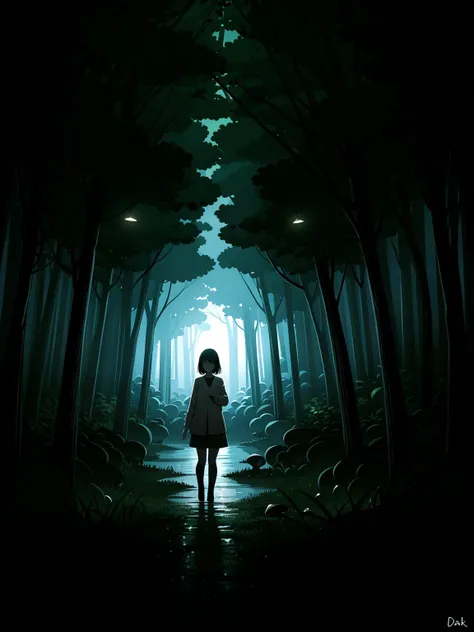 1girl, forest, night, mushroom, dark,breast hold,
